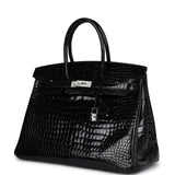 Pre-owned Hermes Birkin 35 Black Shiny Porosus Crocodile 18K White Gold Diamond Hardware