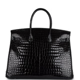 Pre-owned Hermes Birkin 35 Black Shiny Porosus Crocodile 18K White Gold Diamond Hardware