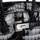 Pre-owned Hermes Birkin 35 Black Shiny Porosus Crocodile 18K White Gold Diamond Hardware