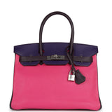 Pre-owned Hermes Special Order (HSS) Birkin 30 Tri-color Raisin, Ultraviolet and Rose Shocking Chevre Palladium Hardware