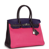 Pre-owned Hermes Special Order (HSS) Birkin 30 Tri-color Raisin, Ultraviolet and Rose Shocking Chevre Palladium Hardware