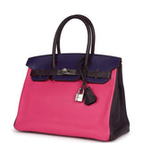 Pre-owned Hermes Special Order (HSS) Birkin 30 Tri-color Raisin, Ultraviolet and Rose Shocking Chevre Palladium Hardware