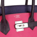 Pre-owned Hermes Special Order (HSS) Birkin 30 Tri-color Raisin, Ultraviolet and Rose Shocking Chevre Palladium Hardware