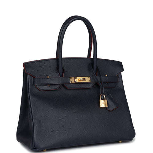 Hermes Birkin 30 Bleu Indigo and Rouge H Contour Epsom Gold Hardware