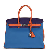 Pre-owned Hermes Special Order (HSS) Birkin 35 Tricolor Bleu Hydra, Ultraviolet and Orange Togo Palladium Hardware