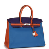 Pre-owned Hermes Special Order (HSS) Birkin 35 Tricolor Bleu Hydra, Ultraviolet and Orange Togo Palladium Hardware