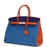 Pre-owned Hermes Special Order (HSS) Birkin 35 Tricolor Bleu Hydra, Ultraviolet and Orange Togo Palladium Hardware