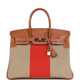 Hermes Birkin 35 Flag Ficelle and Paprika Toile H and Fauve Barenia Permabrass Hardware