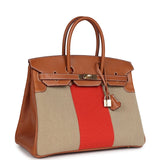 Hermes Birkin 35 Flag Ficelle and Paprika Toile H and Fauve Barenia Permabrass Hardware