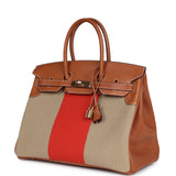 Hermes Birkin 35 Flag Ficelle and Paprika Toile H and Fauve Barenia Permabrass Hardware