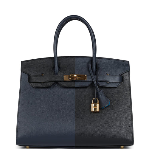 Pre-owned Hermes Casaque Birkin Sellier 30 Black and Bleu Indigo Epsom Gold Hardware