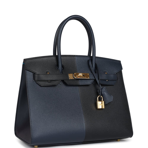 Pre-owned Hermes Casaque Birkin Sellier 30 Black and Bleu Indigo Epsom Gold Hardware