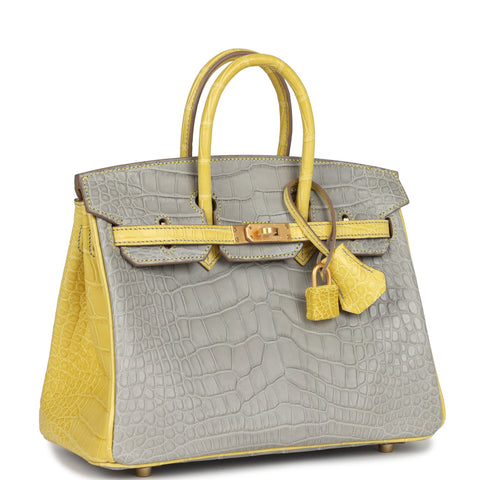 Hermes Special Order (HSS) Birkin 25 Gris Perle and Mimosa Matte Alligator Brushed Gold Hardware