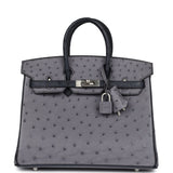 Pre-owned Hermes Special Order (HSS) Birkin 25 Gris Agate and Bleu Indigo Ostrich Brushed Palladium Hardware