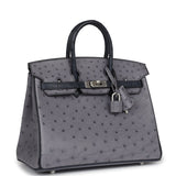 Pre-owned Hermes Special Order (HSS) Birkin 25 Gris Agate and Bleu Indigo Ostrich Brushed Palladium Hardware