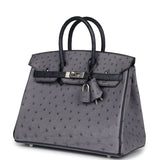 Pre-owned Hermes Special Order (HSS) Birkin 25 Gris Agate and Bleu Indigo Ostrich Brushed Palladium Hardware