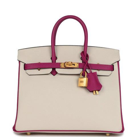 Hermes Special Order (HSS) Birkin Sellier 25 Craie and Rose Pourpre Epsom Brushed Gold Hardware