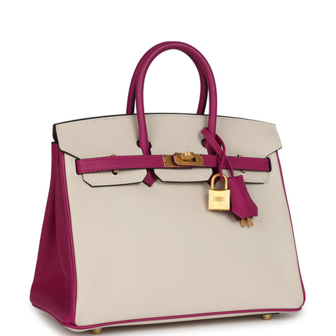 Hermes Special Order (HSS) Birkin Sellier 25 Craie and Rose Pourpre Epsom Brushed Gold Hardware