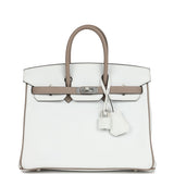 Hermes Special Order (HSS) Birkin 25 White and Etoupe Clemence Brushed Palladium Hardware