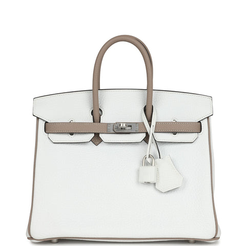 Hermes Special Order (HSS) Birkin 25 White and Etoupe Clemence Brushed Palladium Hardware