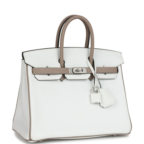 Hermes Special Order (HSS) Birkin 25 White and Etoupe Clemence Brushed Palladium Hardware