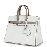 Hermes Special Order (HSS) Birkin 25 White and Etoupe Clemence Brushed Palladium Hardware