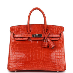 Pre-owned Hermes Birkin 25 Orange Poppy Shiny Niloticus Crocodile Palladium Hardware
