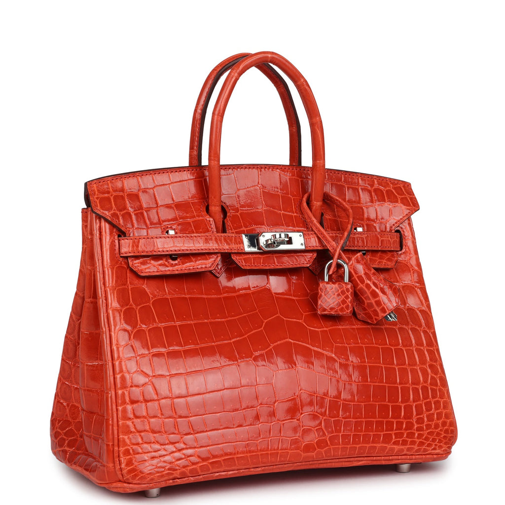 Pre-owned Hermes Birkin 25 Orange Poppy Shiny Niloticus Crocodile Pall