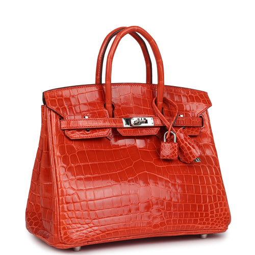 Pre-owned Hermes Birkin 25 Orange Poppy Shiny Niloticus Crocodile Palladium Hardware