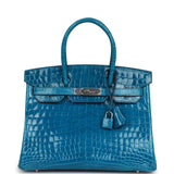 Pre-owned Hermes Birkin 30 Bleu Izmir Shiny Niloticus Crocodile Palladium Hardware - Thumbnail View 1