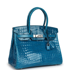 Pre-owned Hermes Birkin 30 Bleu Izmir Shiny Niloticus Crocodile Palladium Hardware