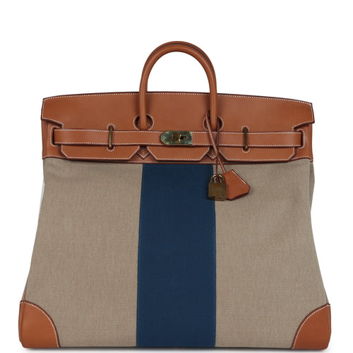 Pre-owned Hermes Birkin HAC 50 Flag Ficelle Toile H, Fauve Barenia and Bleu Toile H Canvas Gold Hardware