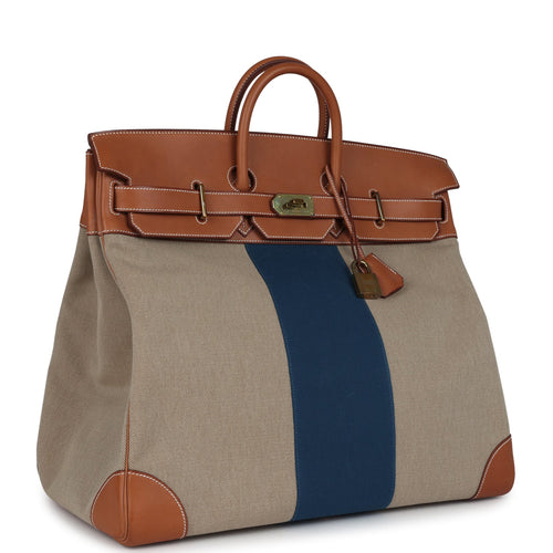Pre-owned Hermes Birkin HAC 50 Flag Ficelle Toile H, Fauve Barenia and Bleu Toile H Canvas Gold Hardware