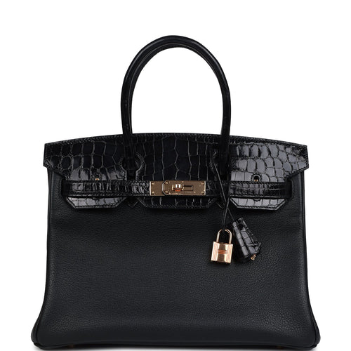 Pre-owned Hermes Birkin 30 Black Shiny Niloticus Crocodile and Novillo Touch Rose Gold Hardware