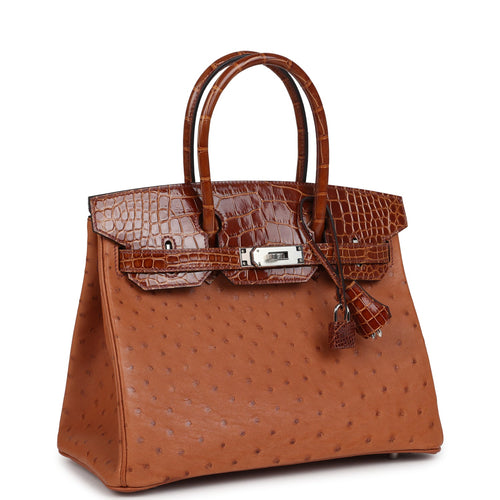 Hermes Birkin 30 Miel Shiny Alligator and Cognac Ostrich Touch Palladium Hardware