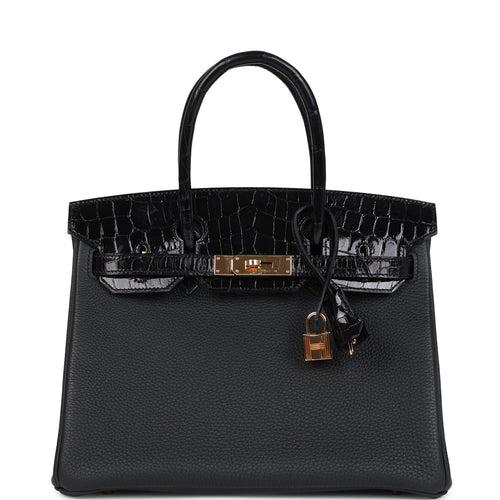 Pre-owned Hermes Birkin 30 Black Shiny Niloticus Crocodile and Togo Touch Rose Gold Hardware