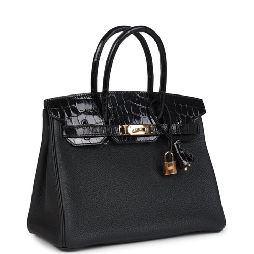 Pre-owned Hermes Birkin 30 Black Shiny Niloticus Crocodile and Togo Touch Rose Gold Hardware