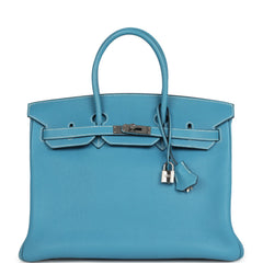 Pre-owned Hermes Birkin 35 Blue Jean Togo Palladium Hardware