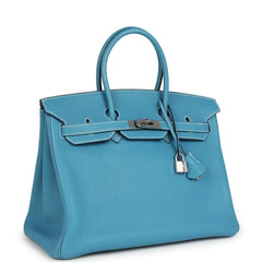 Pre-owned Hermes Birkin 35 Blue Jean Togo Palladium Hardware