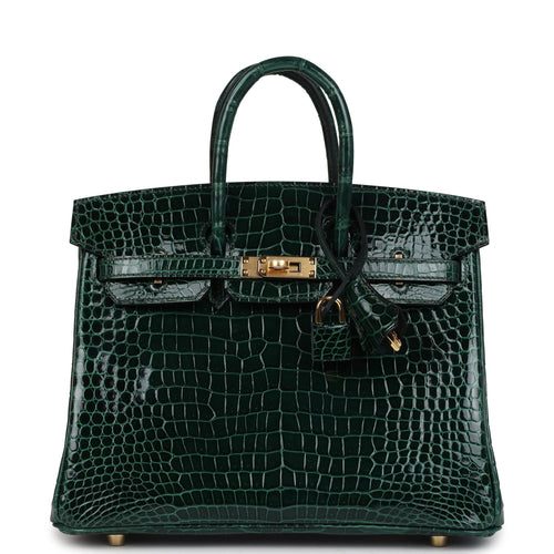 Hermes Birkin 25 Vert Fonce Shiny Porous Crocodile Gold Hardware