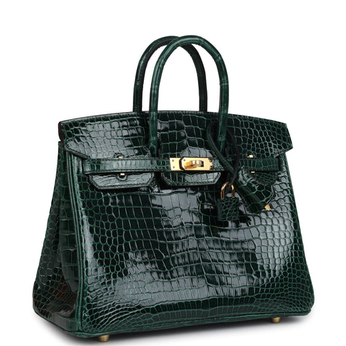 Hermes Birkin 25 Vert Fonce Shiny Porous Crocodile Gold Hardware