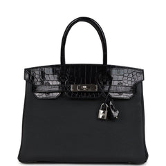 Pre-owned Hermes Birkin 30 Black Shiny Niloticus Crocodile and Togo Touch Palladium Hardware