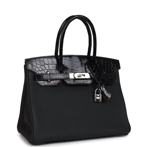 Pre-owned Hermes Birkin 30 Black Shiny Niloticus Crocodile and Togo Touch Palladium Hardware