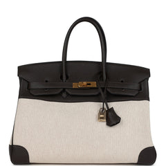 Pre-owned Hermes Birkin 35 Ebene Clemence and Ecru-Beige Toile H Canvas Gold Hardware