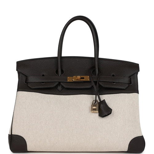 Pre-owned Hermes Birkin 35 Ebene Clemence and Ecru-Beige Toile H Canvas Gold Hardware