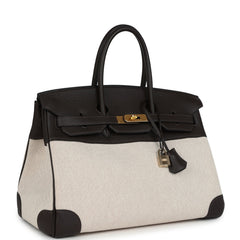 Pre-owned Hermes Birkin 35 Ebene Clemence and Ecru-Beige Toile H Canvas Gold Hardware