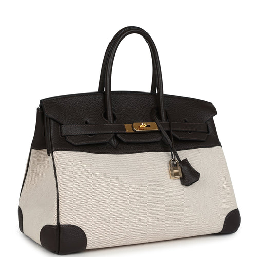 Pre-owned Hermes Birkin 35 Ebene Clemence and Ecru-Beige Toile H Canvas Gold Hardware