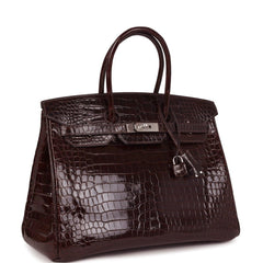Pre-owned Hermes Birkin 35 Havane Shiny Porosus Crocodile Palladium Hardware