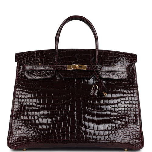 Pre-owned Hermes Birkin 40 Bordeaux Shiny Porosus Crocodile Gold Hardware