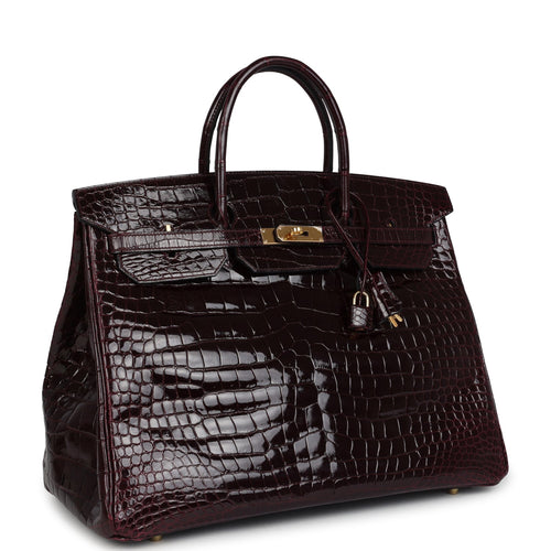 Pre-owned Hermes Birkin 40 Bordeaux Shiny Porosus Crocodile Gold Hardware